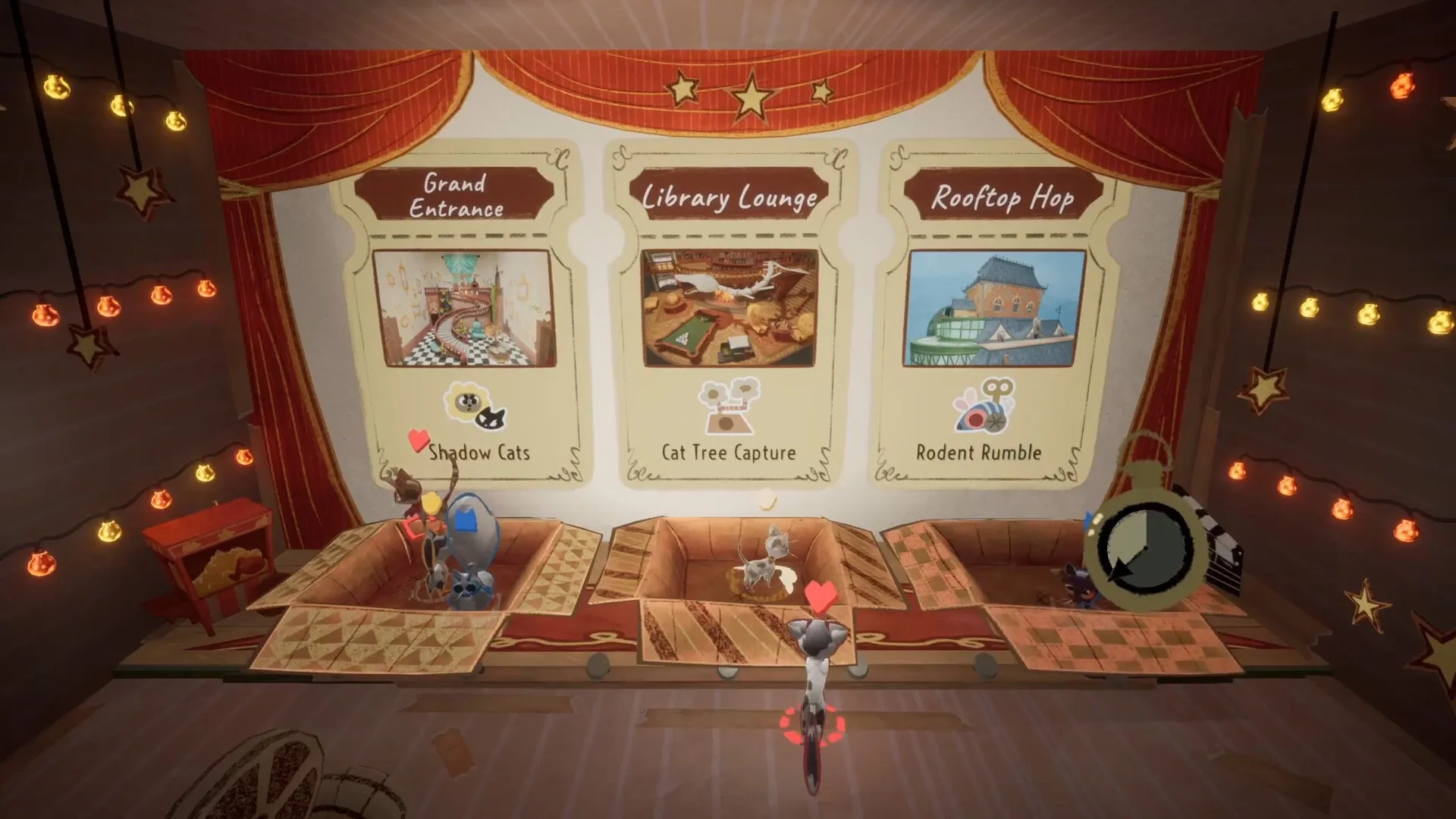 Jumping Jazz Cats: Three mini-games selection with cats in a cozy mansion setting under string lights