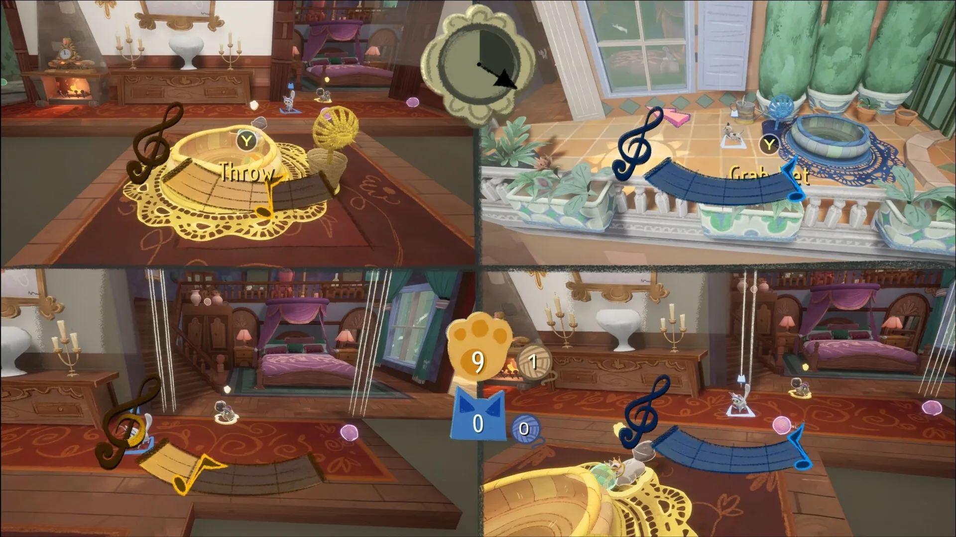 Jumping Jazz Cats: Cats racing and throwing yarn balls in a vibrant, multi-room cartoon mansion setting