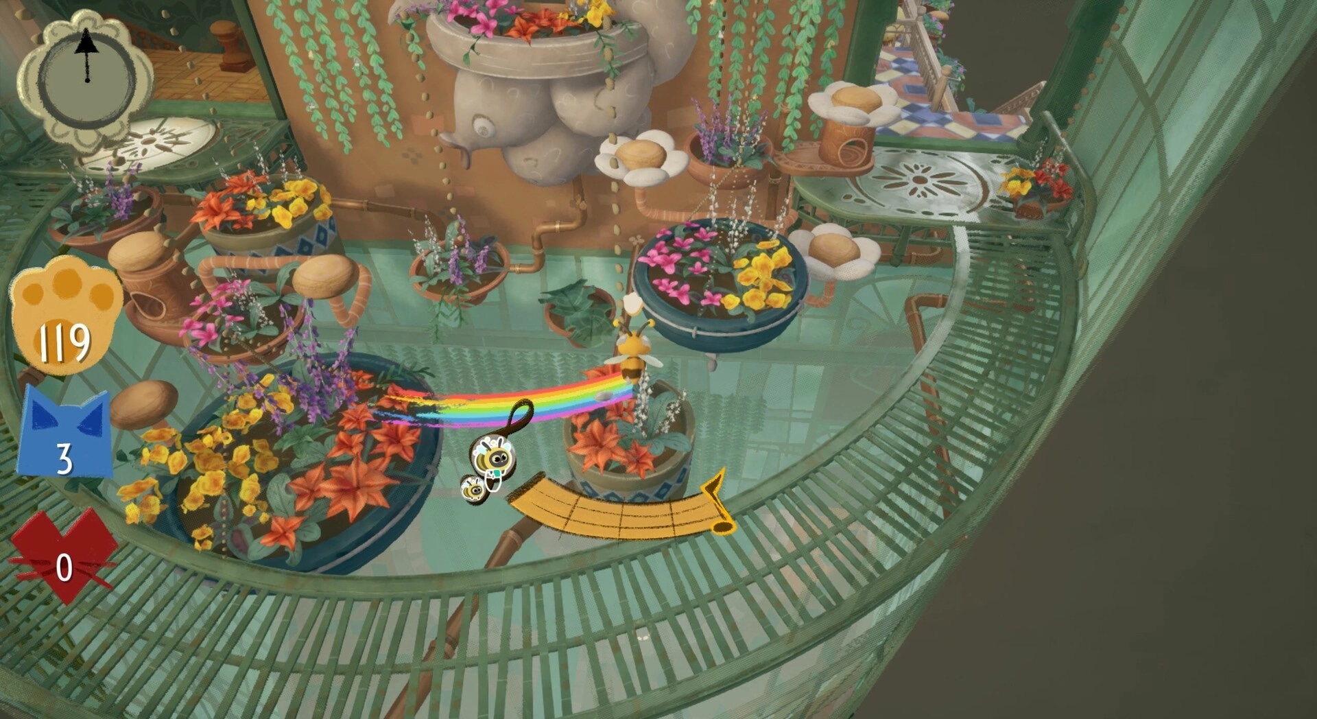 Jumping Jazz Cats: Cat with rainbow trail bounces on lily pads in a lush, colorful indoor garden setting