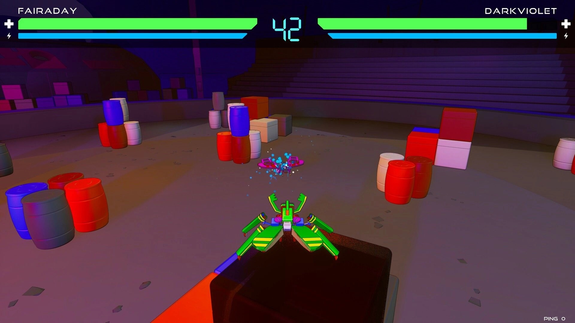 JUNK!: Robot Fairaday battling in colorful arena with health bars and timer at the top of the screen