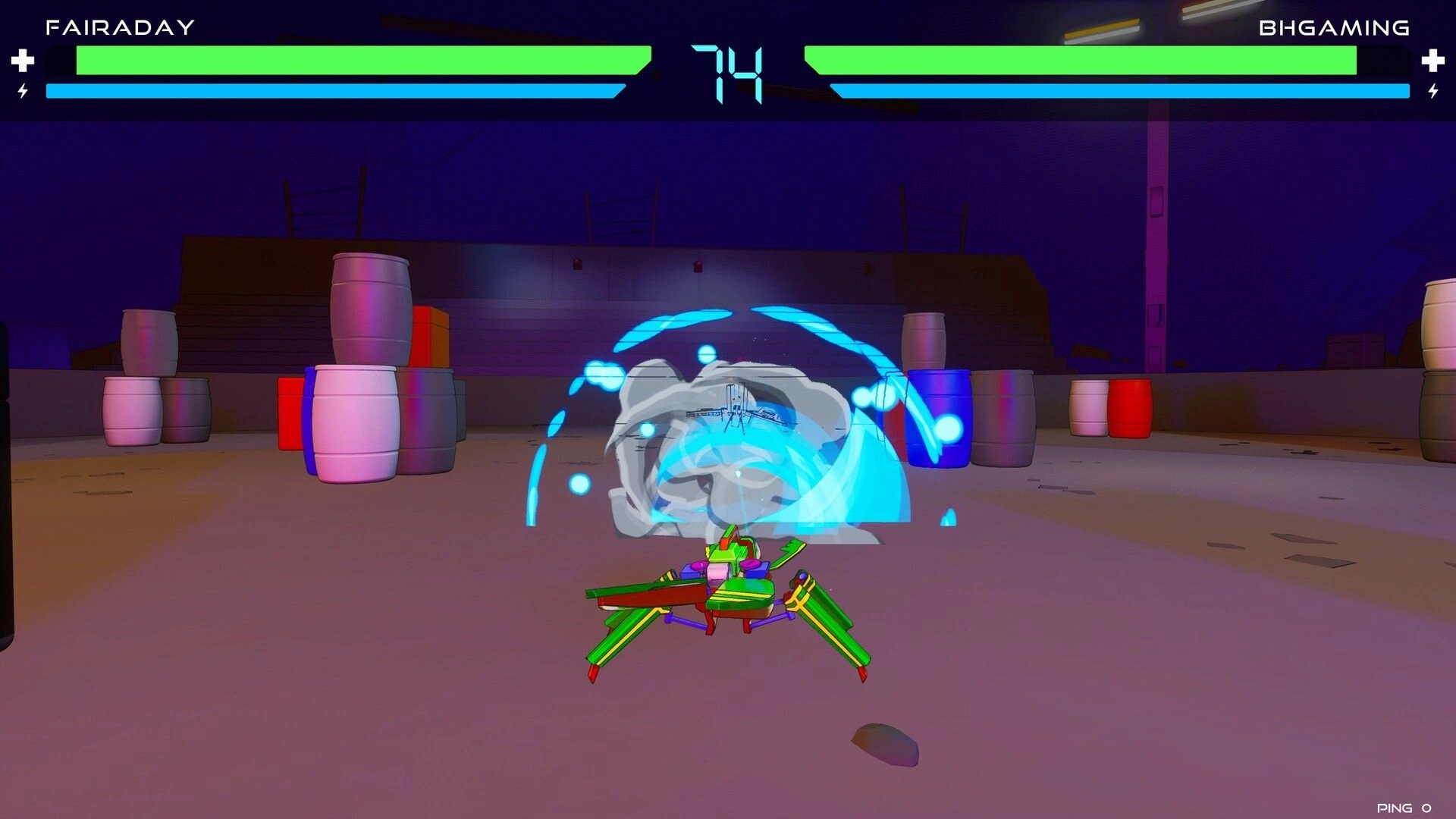 JUNK!: Robot Fairaday using shield ability in dimly lit arena with barrels and opponent health bars.