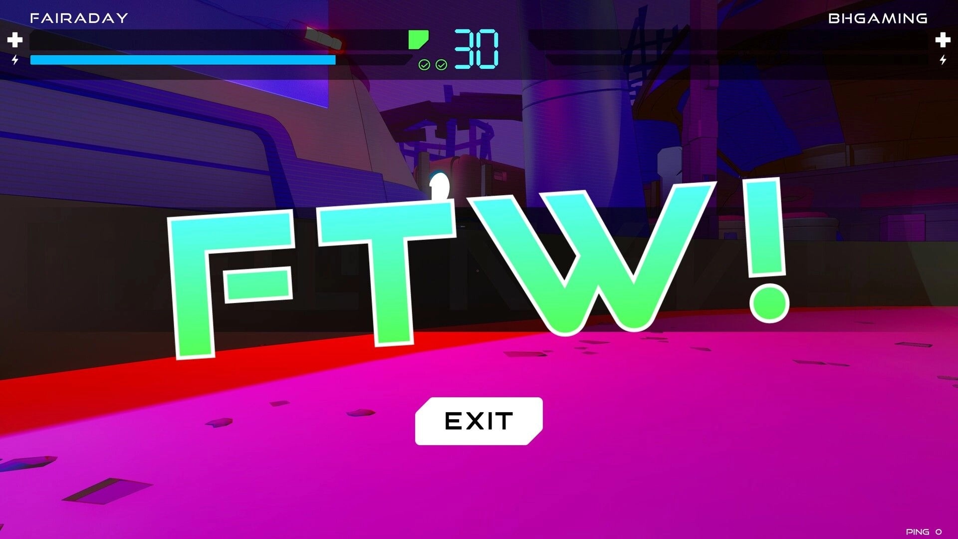 JUNK!: Victory screen with "FTW!" text and exit button in colorful futuristic arena environment