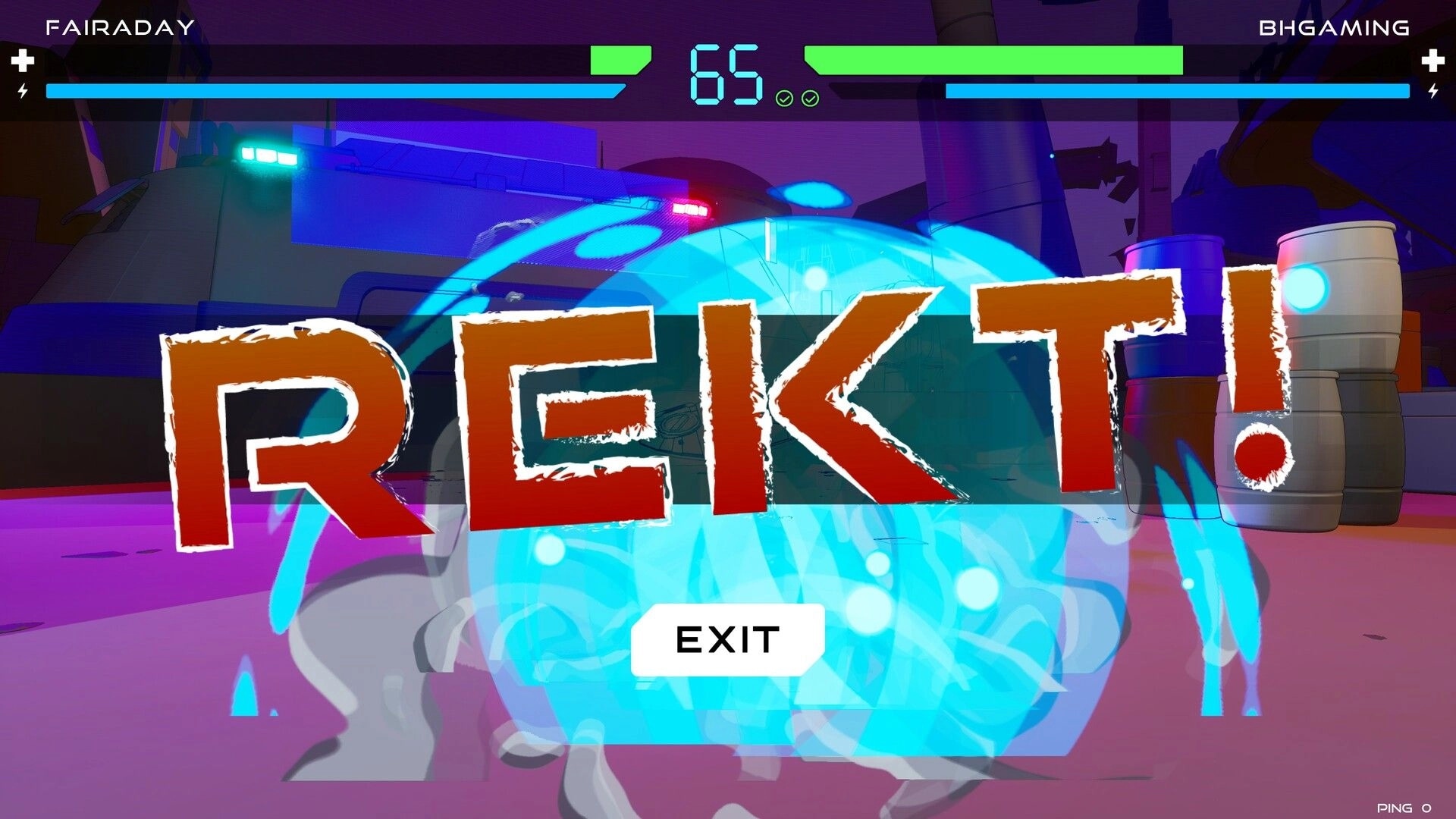 JUNK!: "REKT!" message displayed after a defeat in an arena with health bars and exit prompt visible.