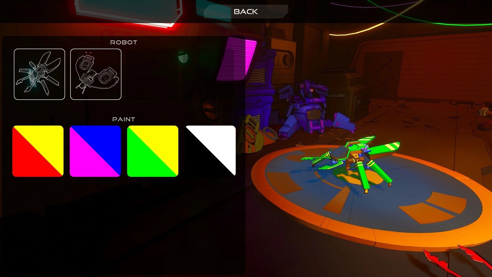 JUNK!: Robot customization screen displaying paint options and a colorful robot in a dimly lit workshop.