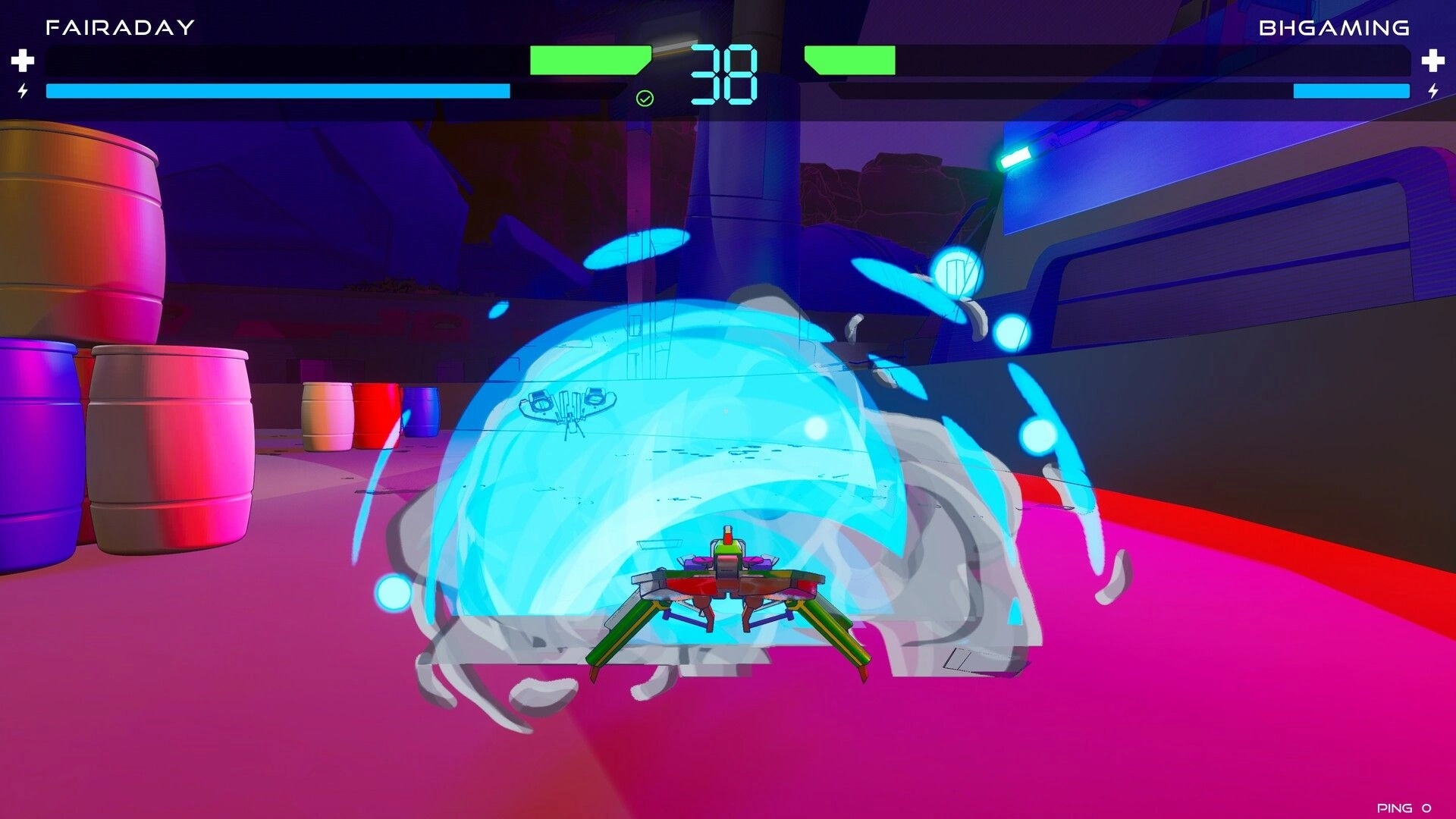 JUNK!: Robot Fairaday deploying energy shield in colorful arena with barrels and score display 38