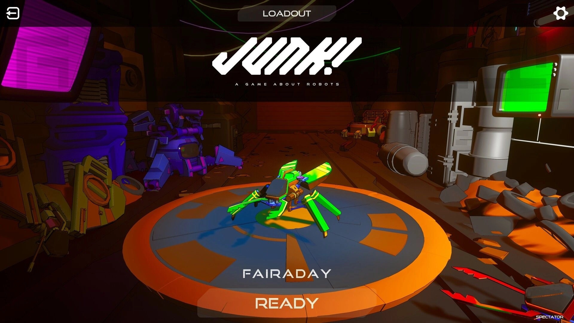 JUNK!: Robot "Fairaday" on a circular platform in a cluttered workshop, with "READY" displayed below.