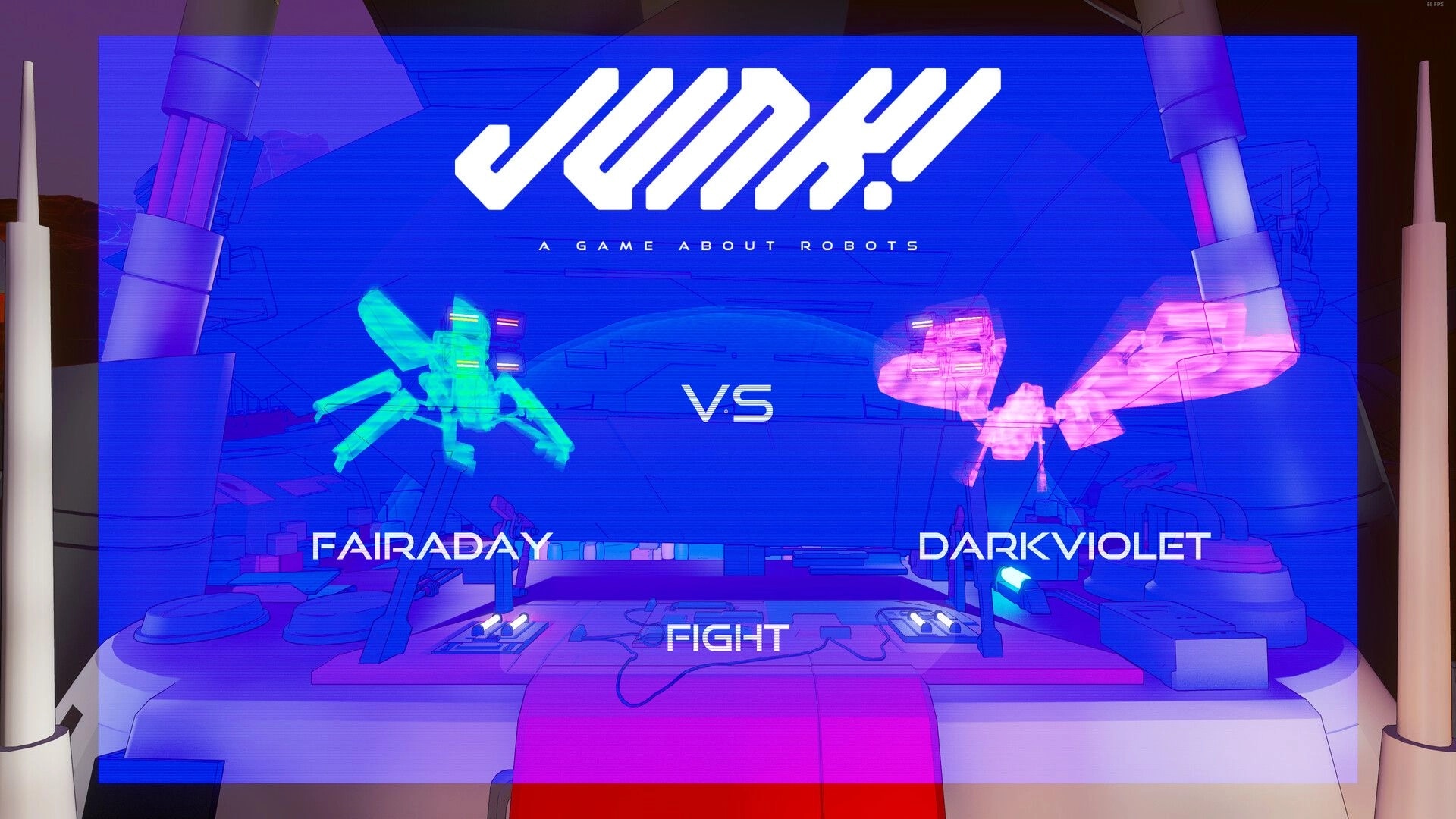 JUNK!: Fairaday vs Darkviolet holographic robots in futuristic arena lobby with fight button visible