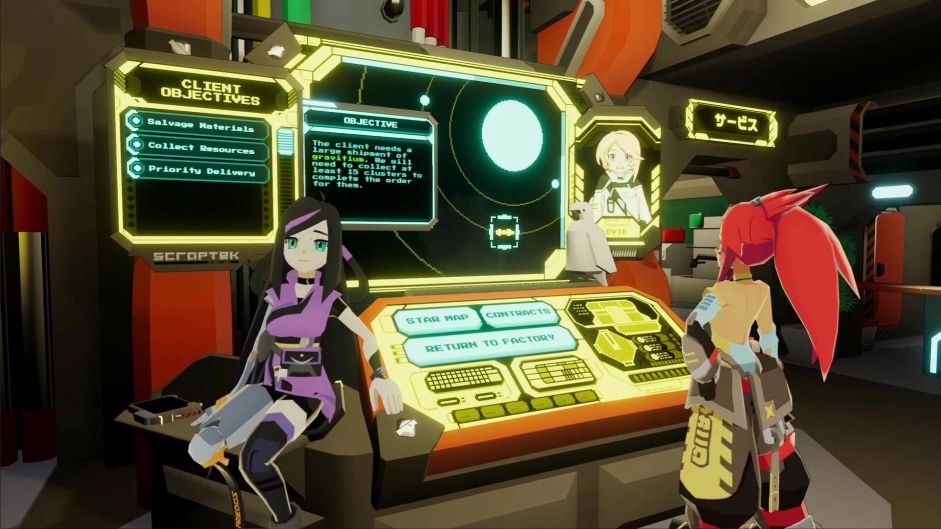 Jupiter Junkworks: Characters review contracts at a high-tech console in a bustling spaceship workshop.