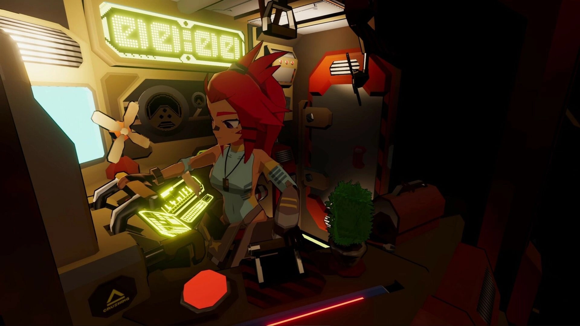 Jupiter Junkworks: Character operates control panel in spaceship cockpit with glowing screens