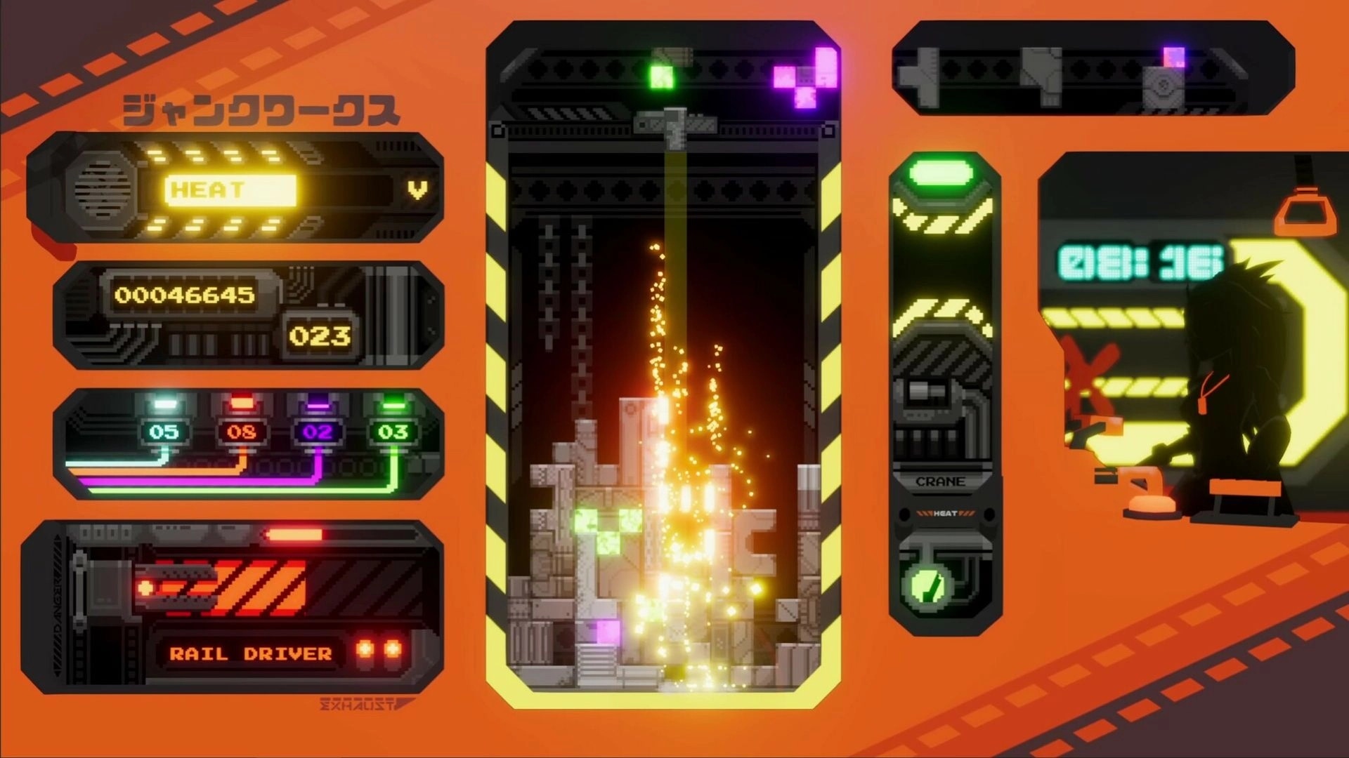 Jupiter Junkworks: Central control panel with crane and heat gauges, character silhouette in bright cockpit