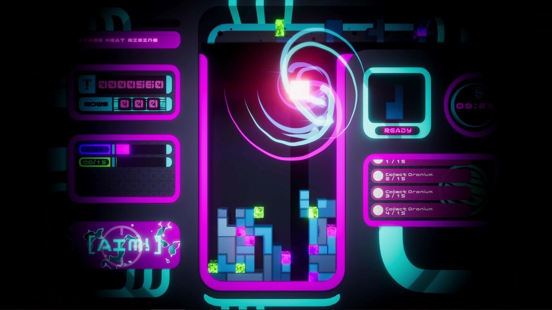 Jupiter Junkworks: Puzzle blocks falling into place with neon UI showing oronium collection progress