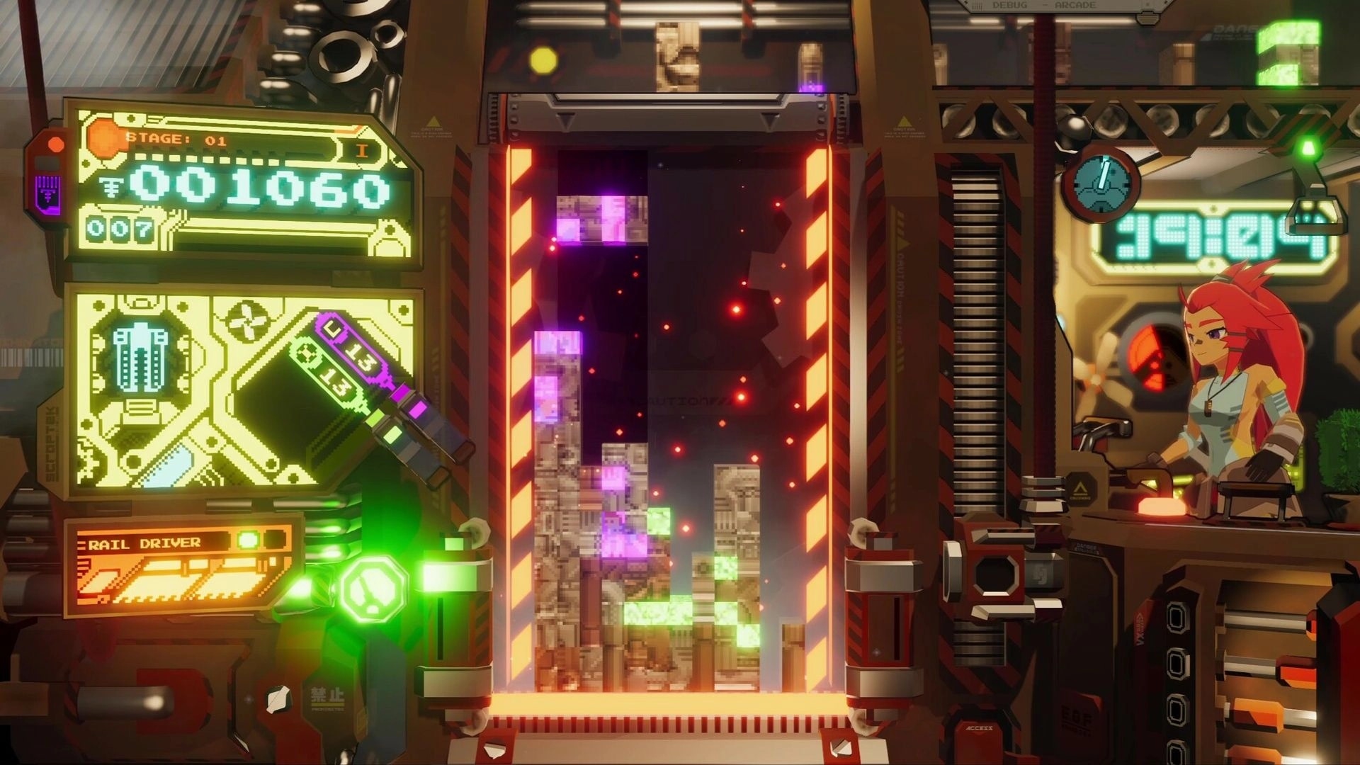 Jupiter Junkworks: Puzzle blocks stack in a vertical shaft with character overseeing controls in a workshop.