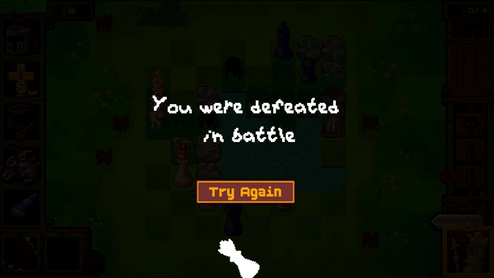 Just Chessing Around: Defeat screen with Try Again button over grassy board with pieces and rocks.