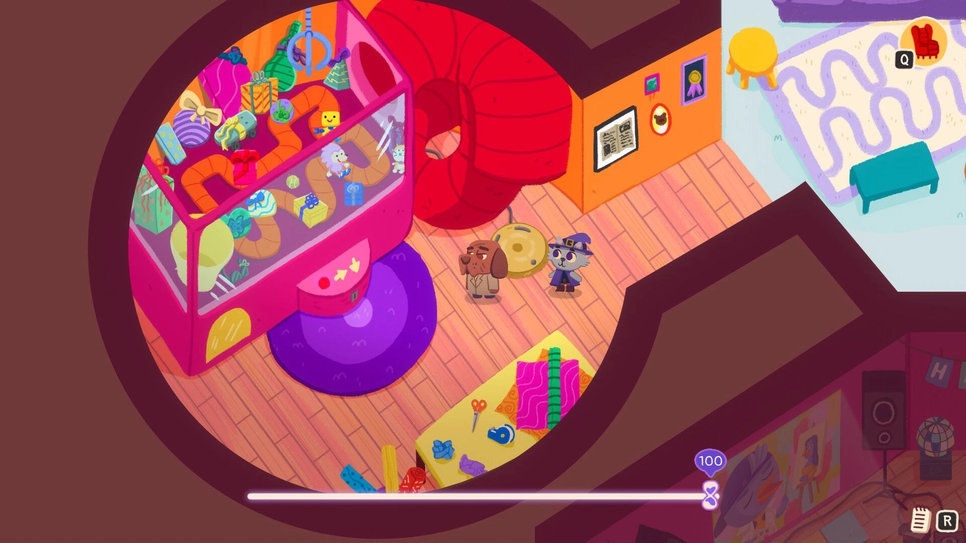 Just in Crime: Detective dog and wizard cat examining colorful toy shop interior with gift machine.