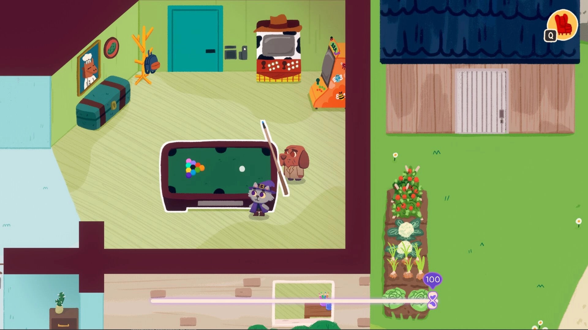 Just in Crime: Detective dog and wizard cat examine a pool table in a room with arcade machines