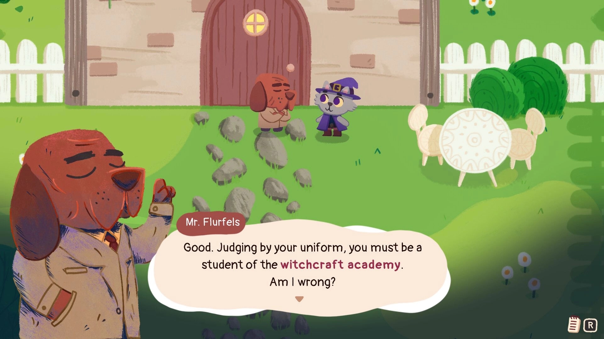 Just in Crime: Detective dog and wizard cat converse in a garden with dialogue box displayed