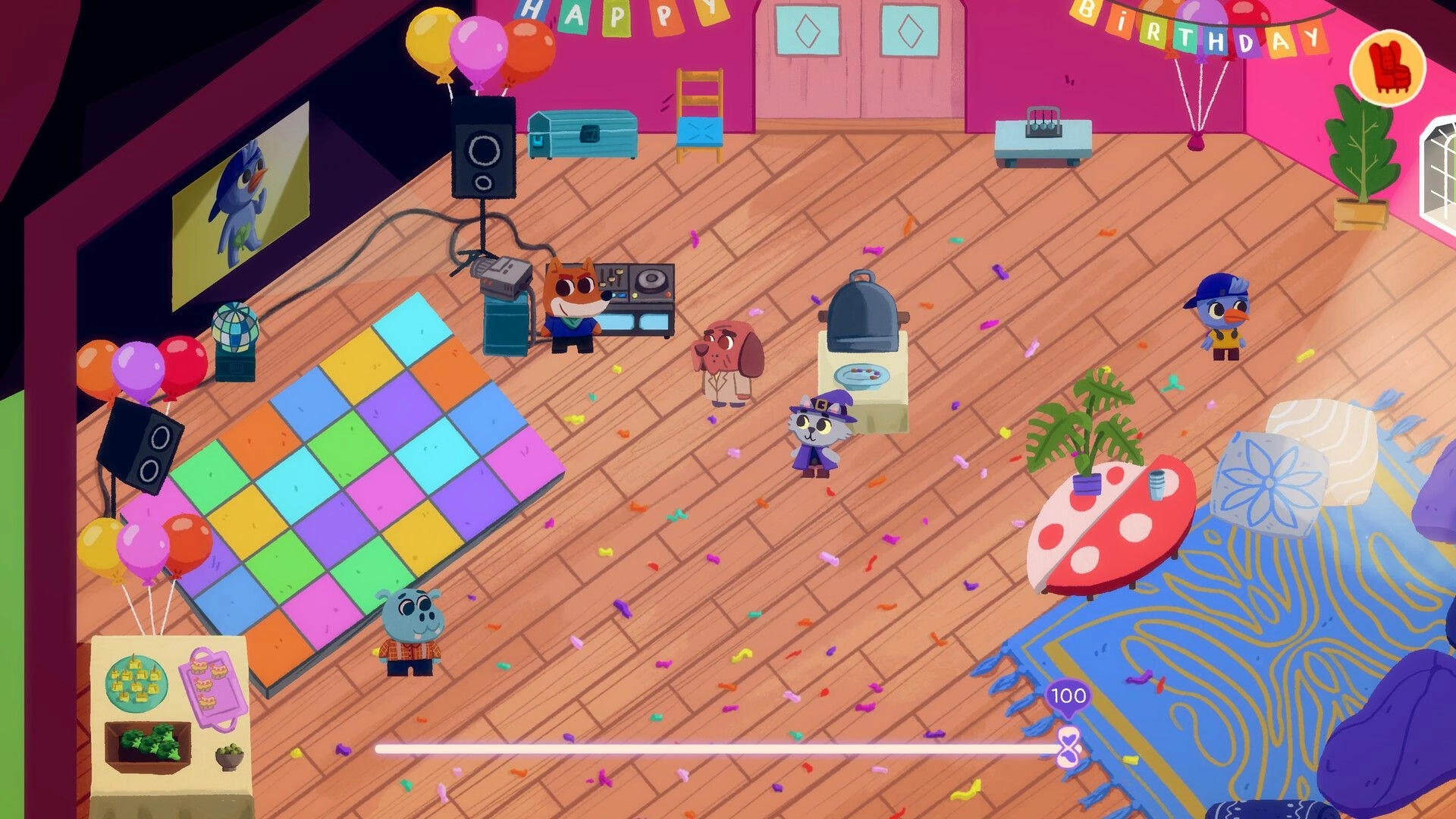 Just in Crime: Detective dog and wizard cat at colorful party room with balloons and DJ setup