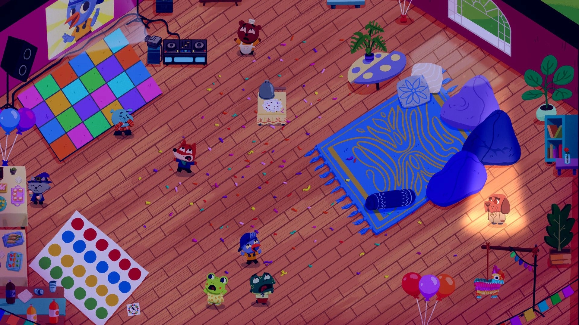 Just in Crime: Detective dog examines colorful party room with balloons, confetti, and a piñata.