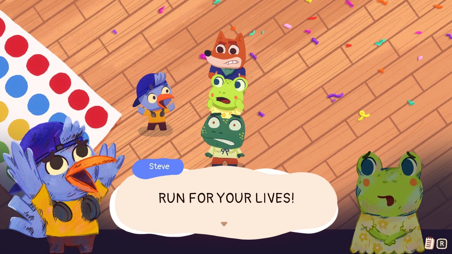 Just in Crime: Detective dog yells "RUN FOR YOUR LIVES!" as characters stack in colorful room.