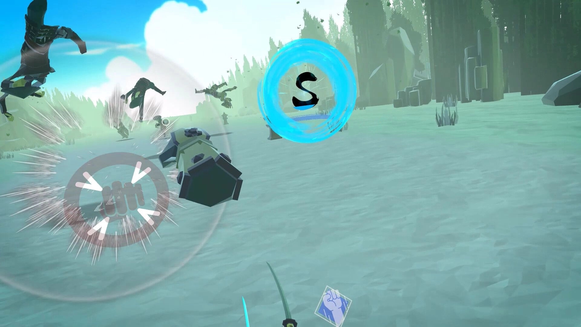 JUST ONE MAN: Combat scene with enemies mid-air and blue skill activation circle in forest environment