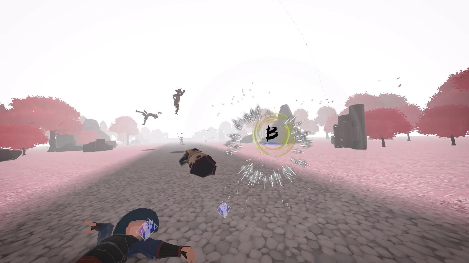 JUST ONE MAN: Combat scene with enemies flying in the air amidst pink trees and a glowing letter "B"