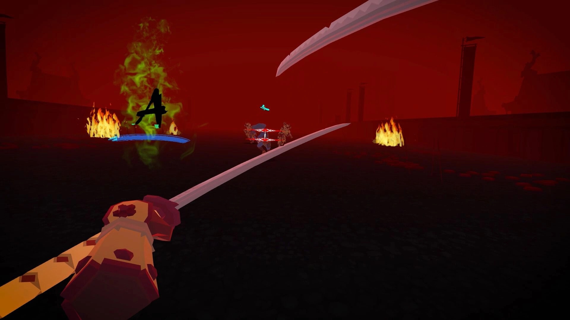 JUST ONE MAN: First-person sword combat in fiery red arena with enemies and green glyphs visible