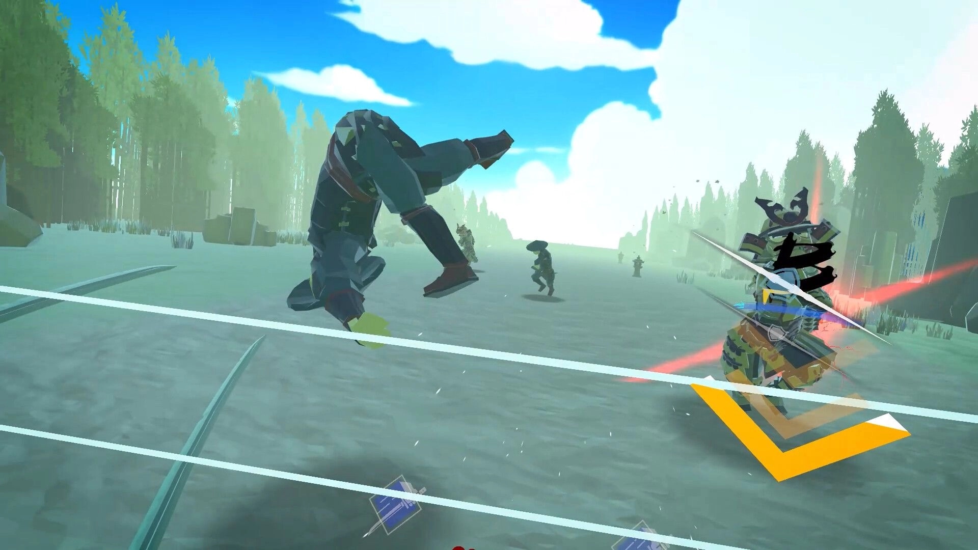 JUST ONE MAN: Overpowered villain performs acrobatic attack against enemies in a forest clearing.