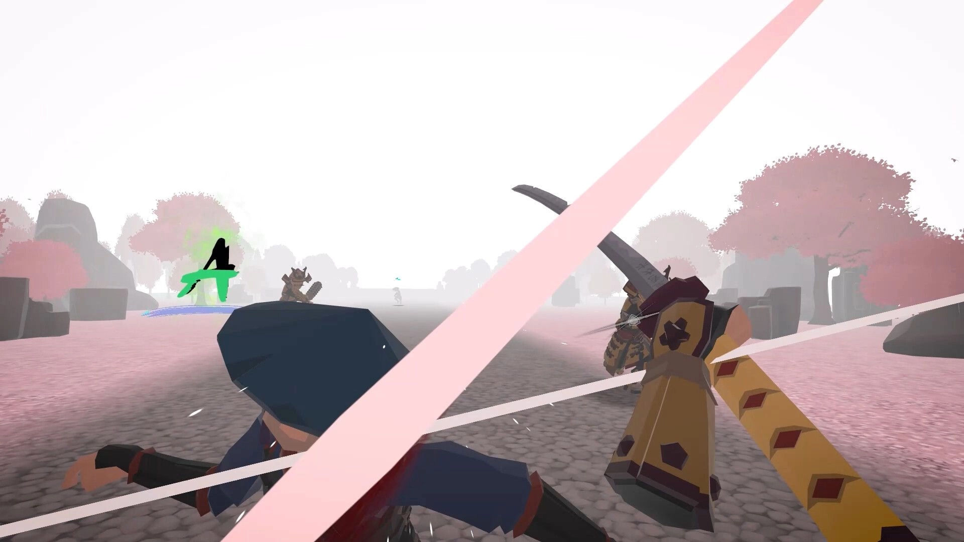JUST ONE MAN: Intense sword combat with armored enemy in misty pink forest environment