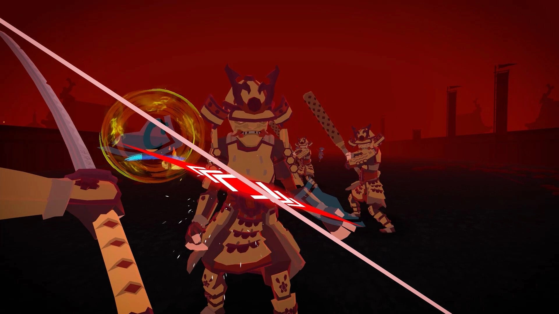 JUST ONE MAN: Sword clash with armored enemies in a dark, red-hued battlefield setting.