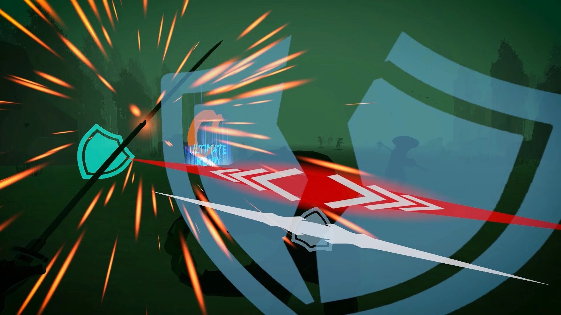 JUST ONE MAN: Sword clash with shield icon and enemy silhouettes in a dark, misty forest environment