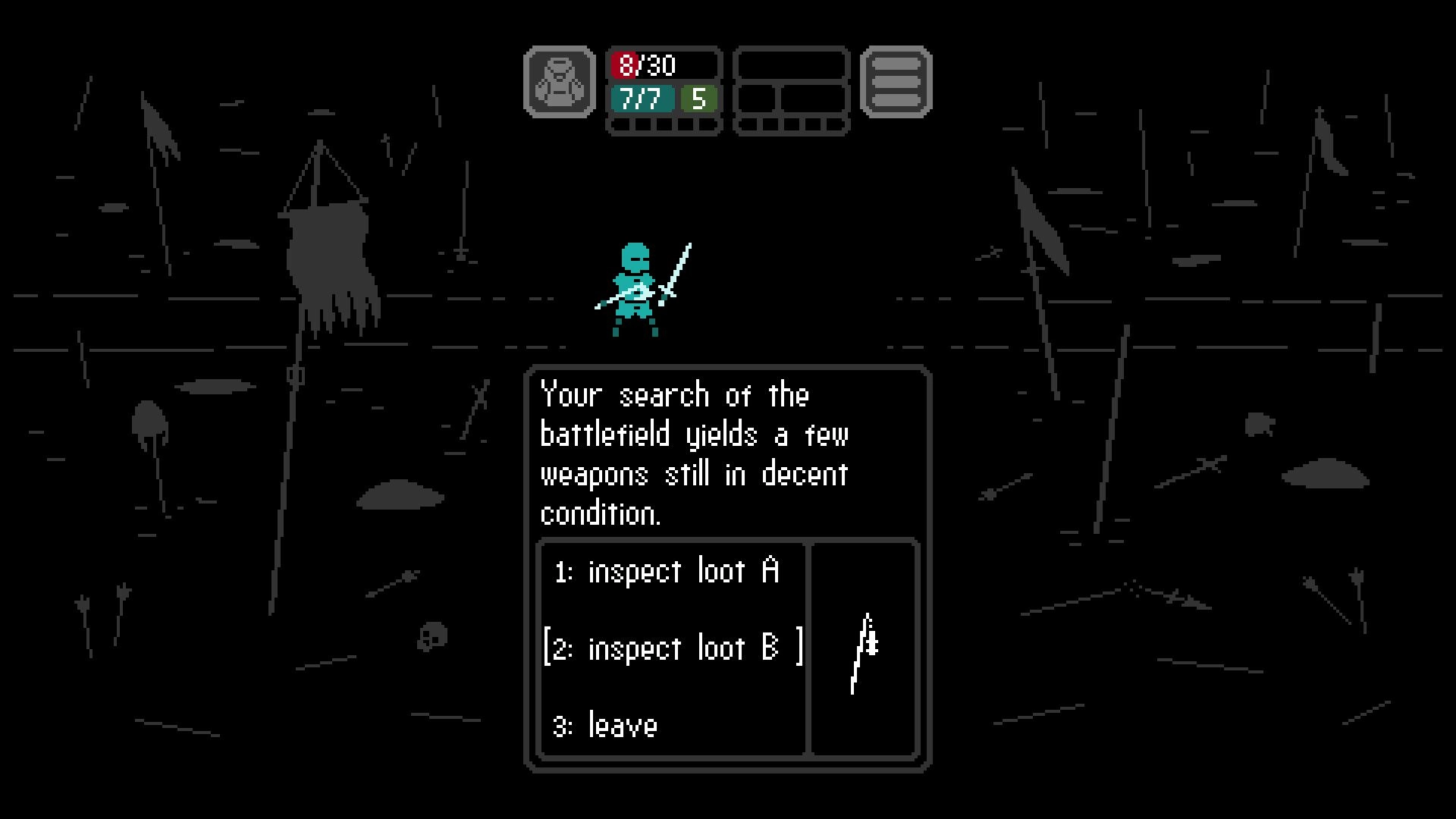Kaamos: Player inspects loot options on a dark battlefield, with status indicators shown at the top.