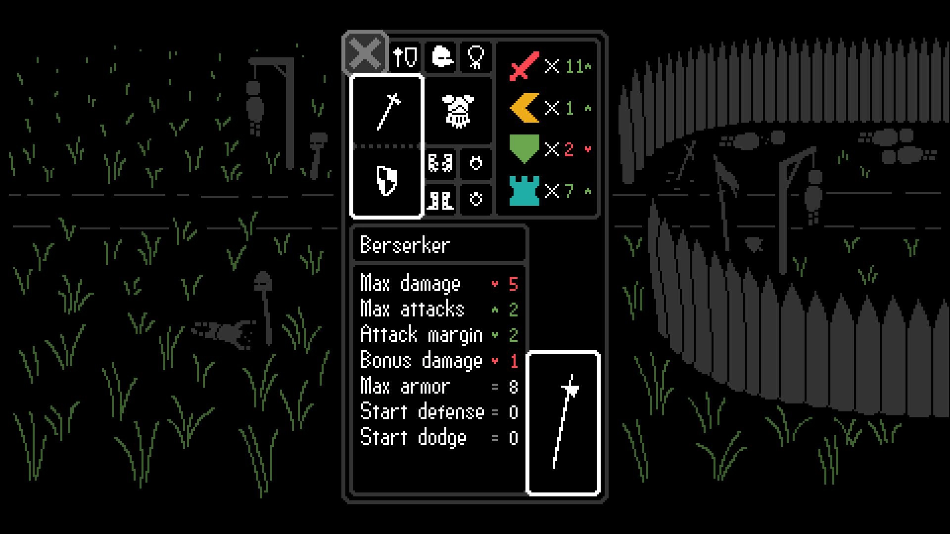 Kaamos: Berserker stats displayed in character menu with dark medieval village backdrop