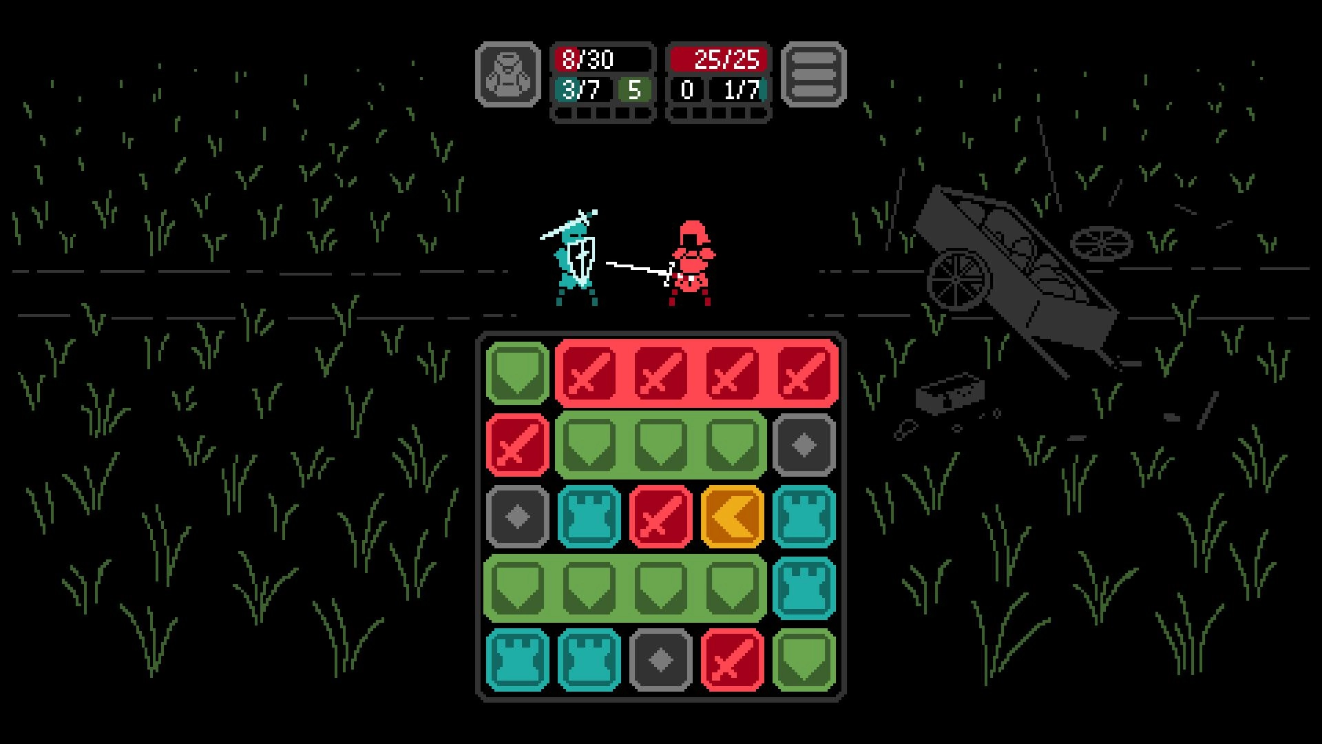 Kaamos: Two characters in combat with a match-three tile grid, set in a dark, grassy medieval field.