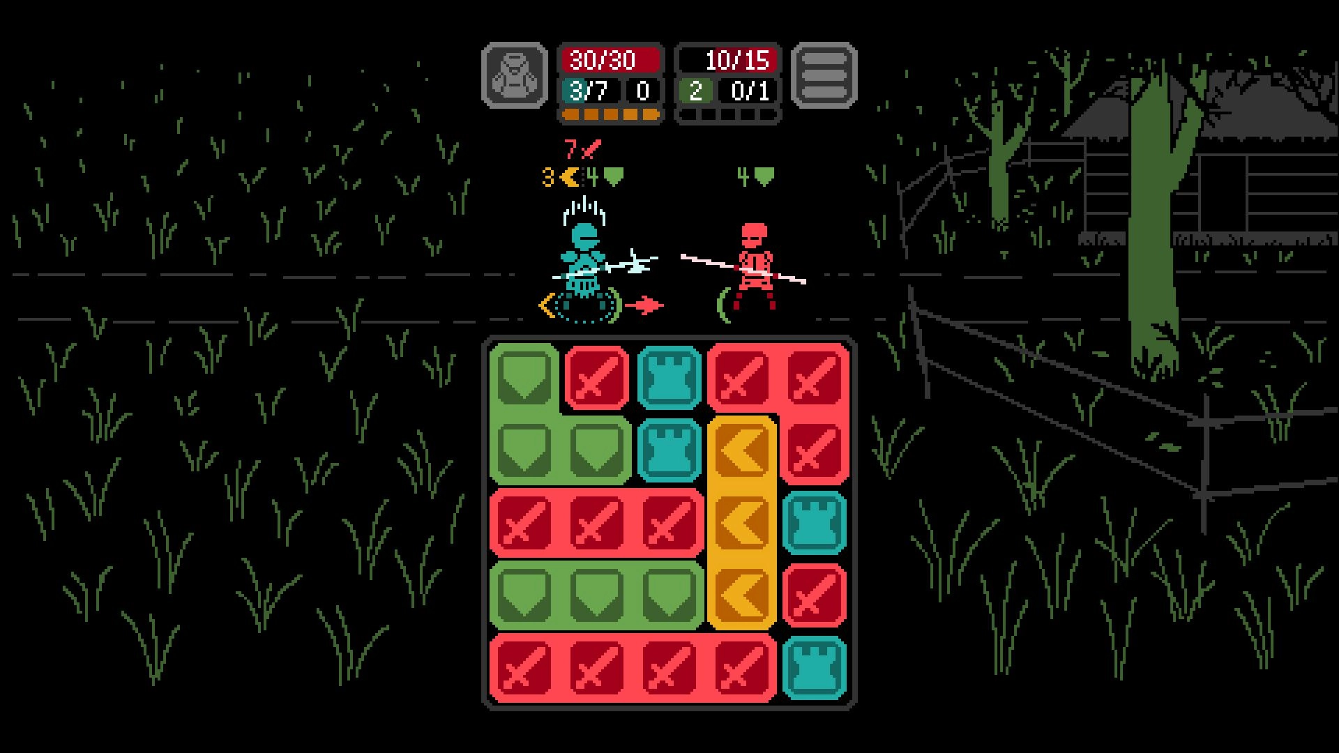 Kaamos: Player battles skeleton with matching tiles in dark forest setting