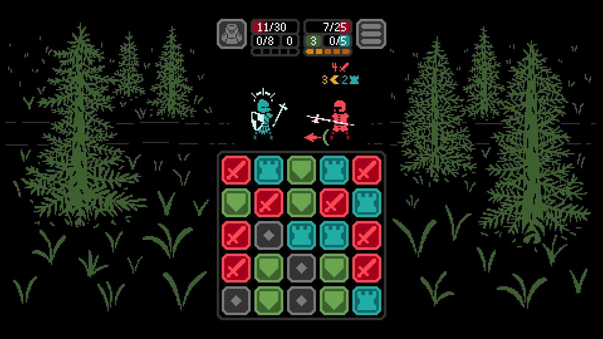 Kaamos: Turn-based combat with knight and skeleton in forest, grid of matching tiles in foreground