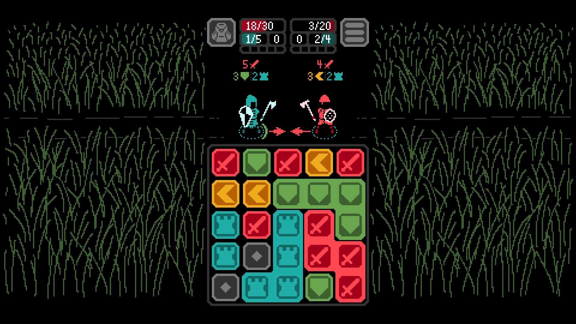 Kaamos: Two knights in battle with a colorful match-three grid in a dark grassy field setting
