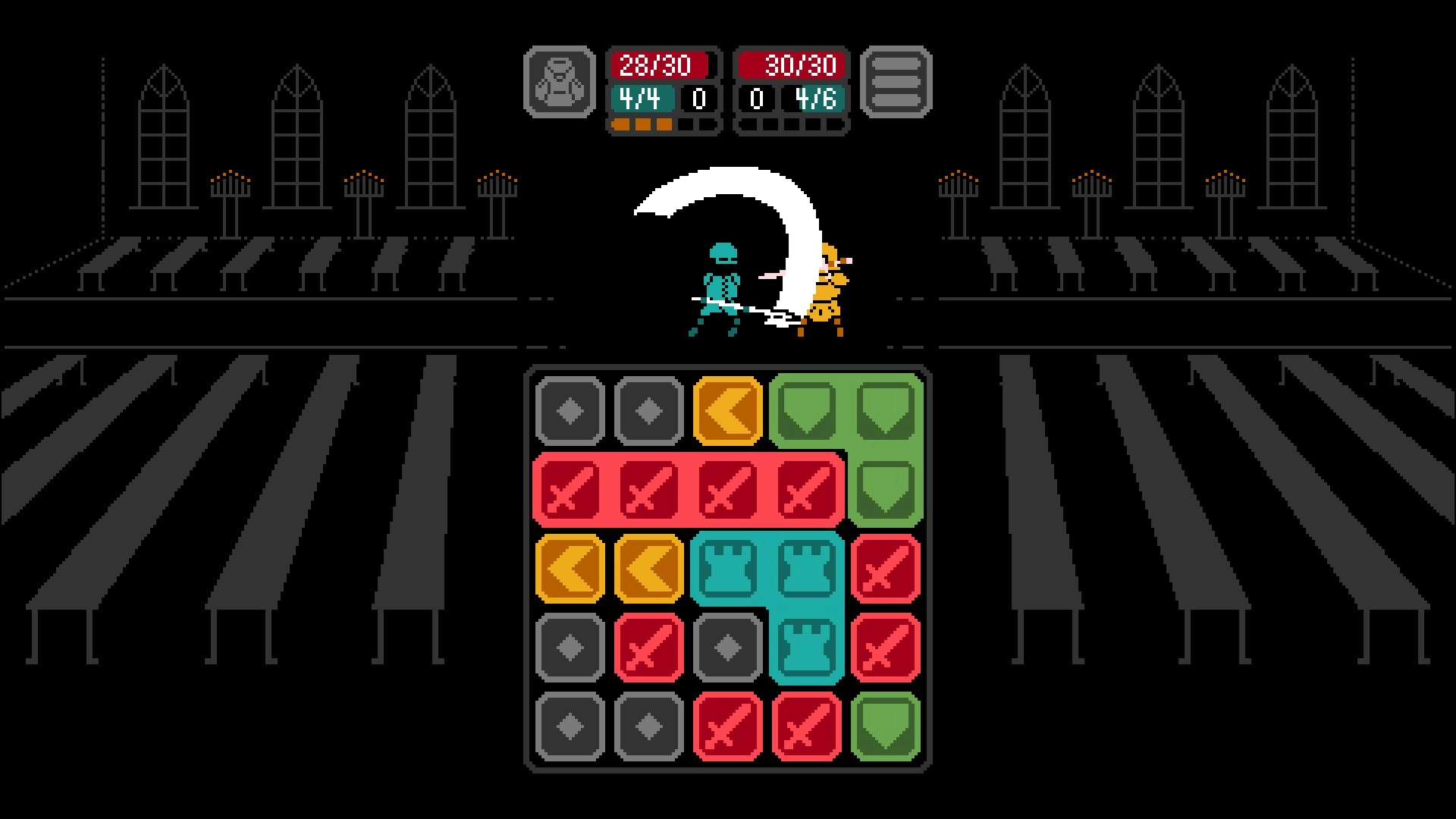 Kaamos: Two characters battling above a grid of colorful tiles in a dark cathedral setting