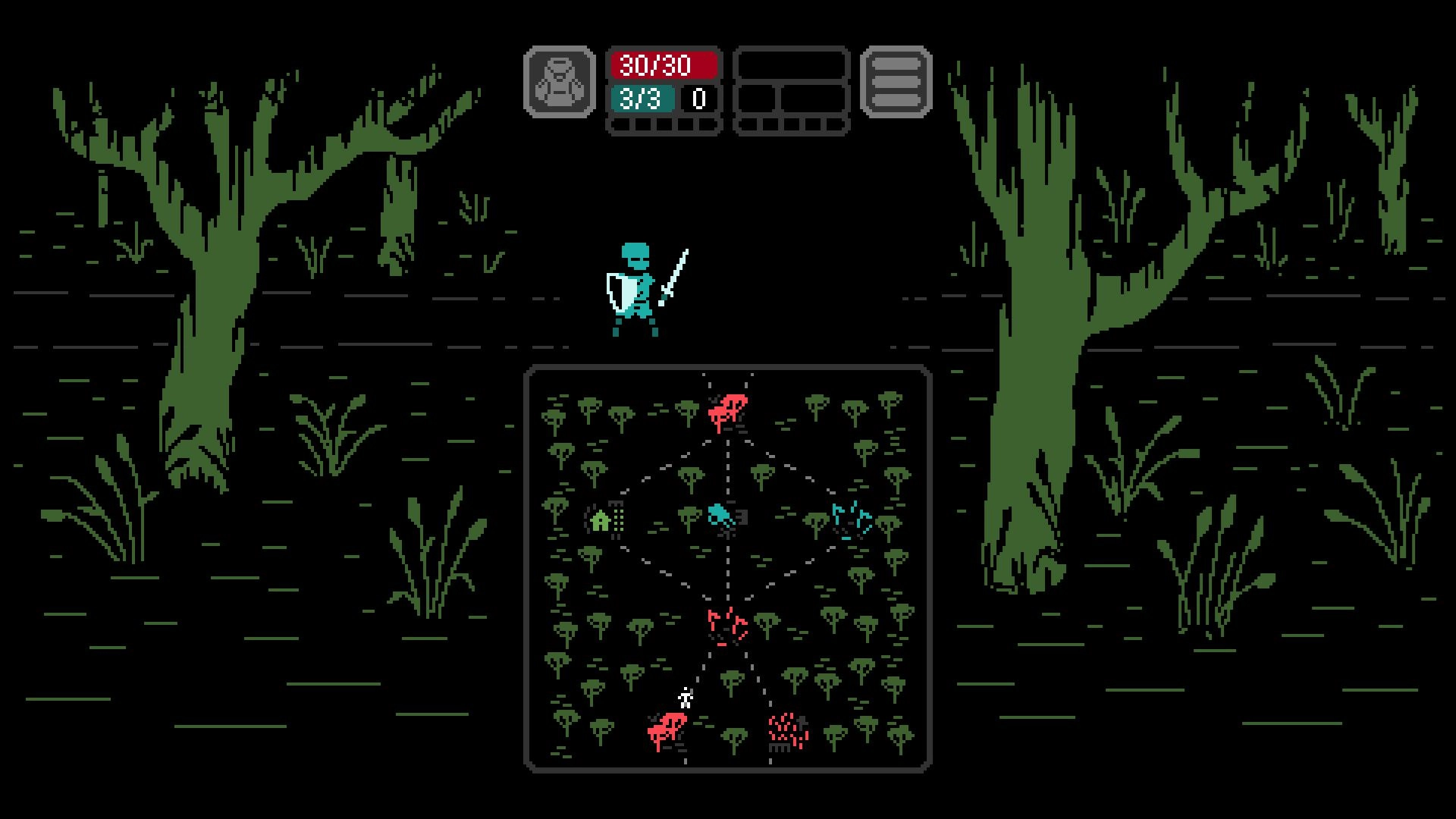 Kaamos: Player with sword strategizes on a grid of tiles in dark forest setting with status bars visible.