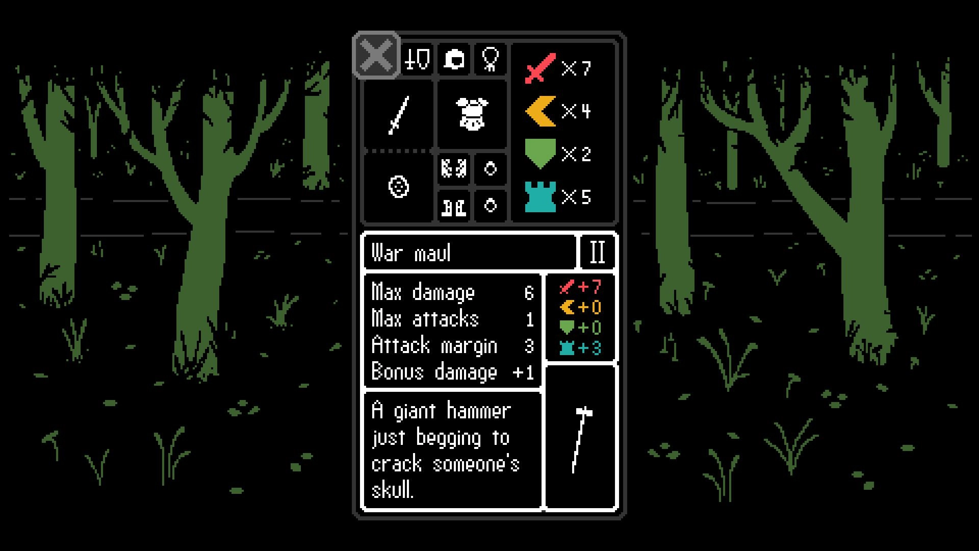 Kaamos: Inventory screen displaying war maul stats in a dark forest with pixelated trees