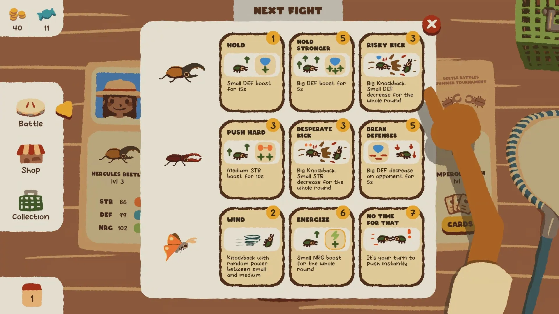 Kabuto Park: Preparing for next fight with beetle stats and card selection on wooden interface.