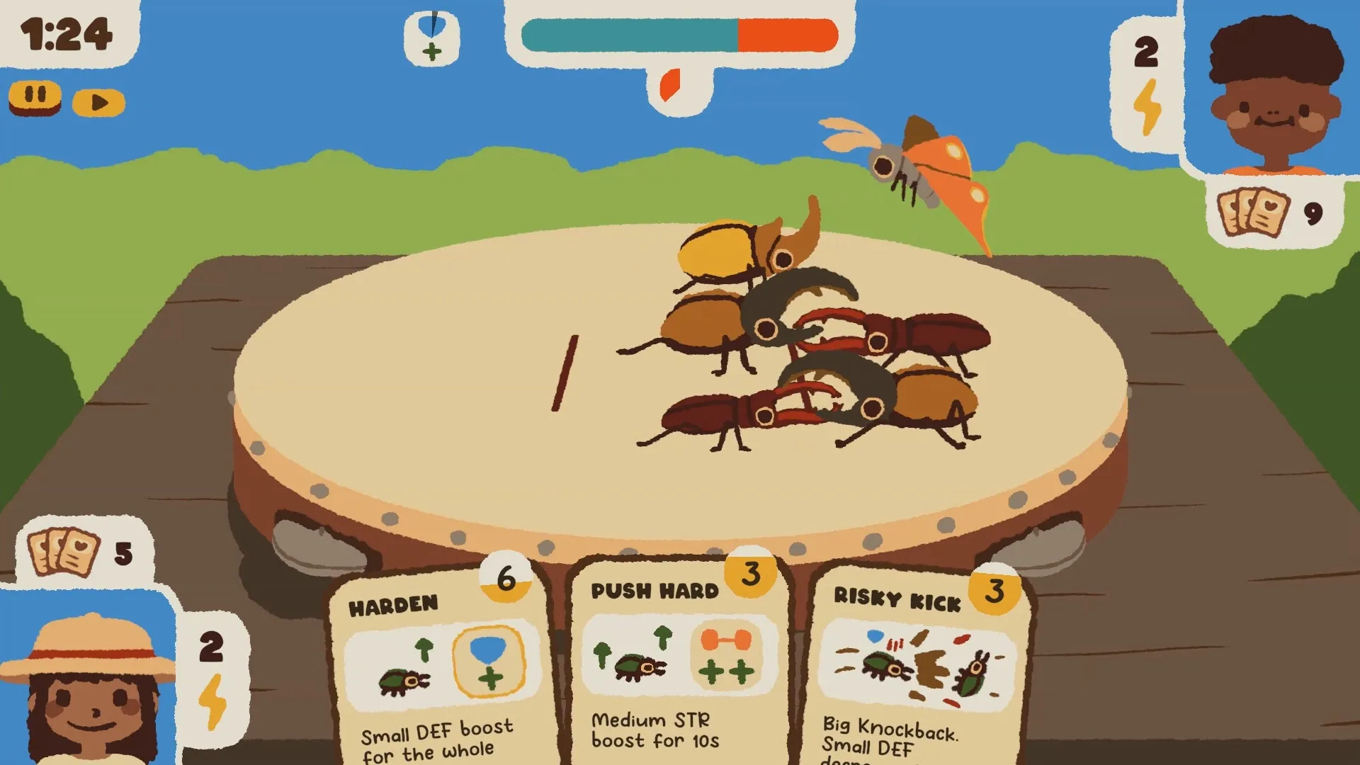 Kabuto Park: Beetle battle on platform with skill cards, timer, and energy indicators on screen.