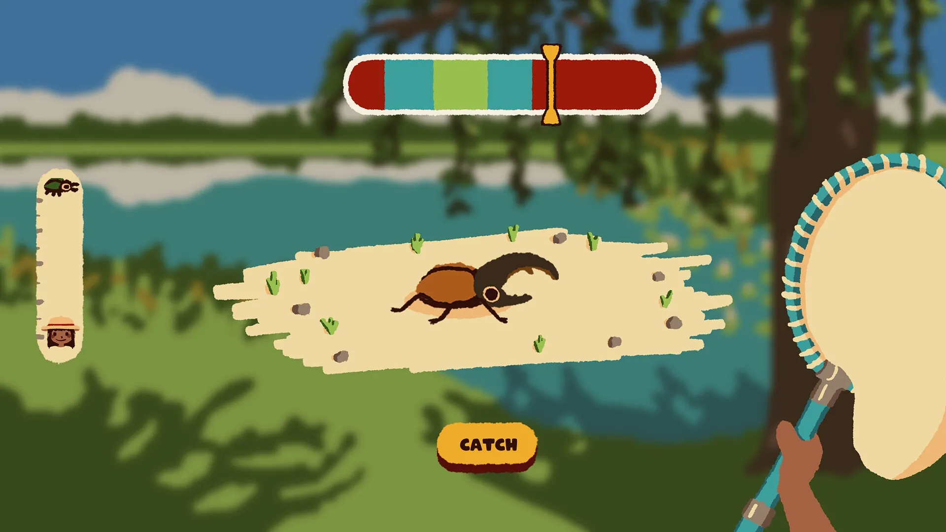 Kabuto Park: Catching a beetle with a net by the riverbank, action bar and catch button visible