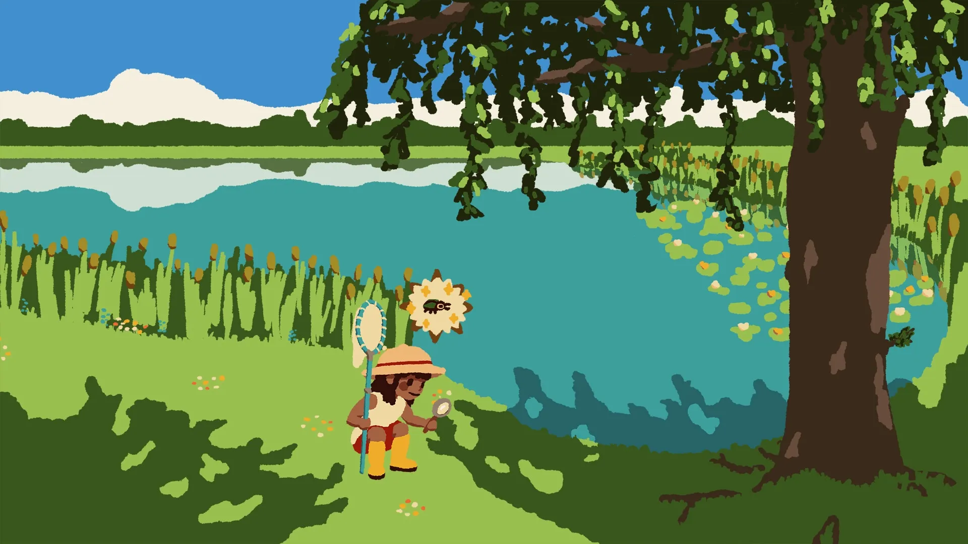 Kabuto Park: Player examines bugs by a serene lakeside under a tree, net and magnifying glass in hand.