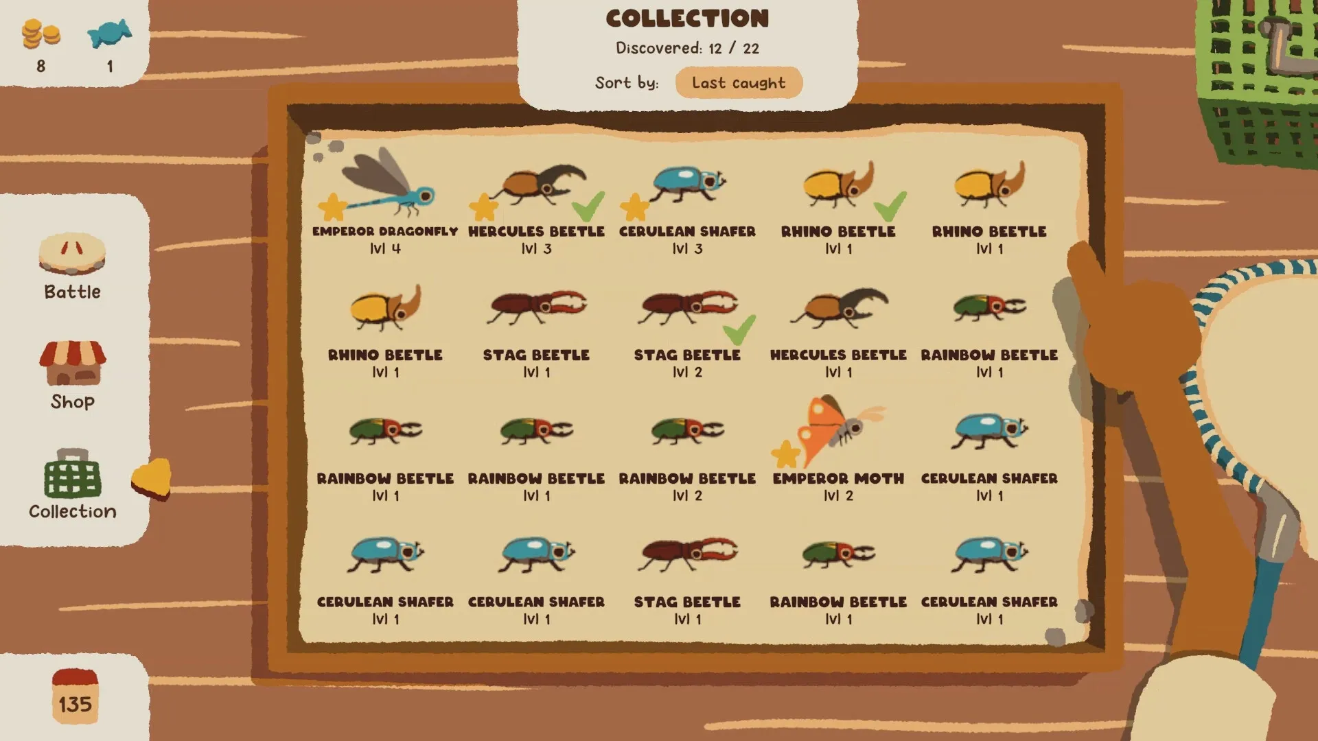 Kabuto Park: Bug collection sheet showing 12 out of 22 discovered insects with level and type details.