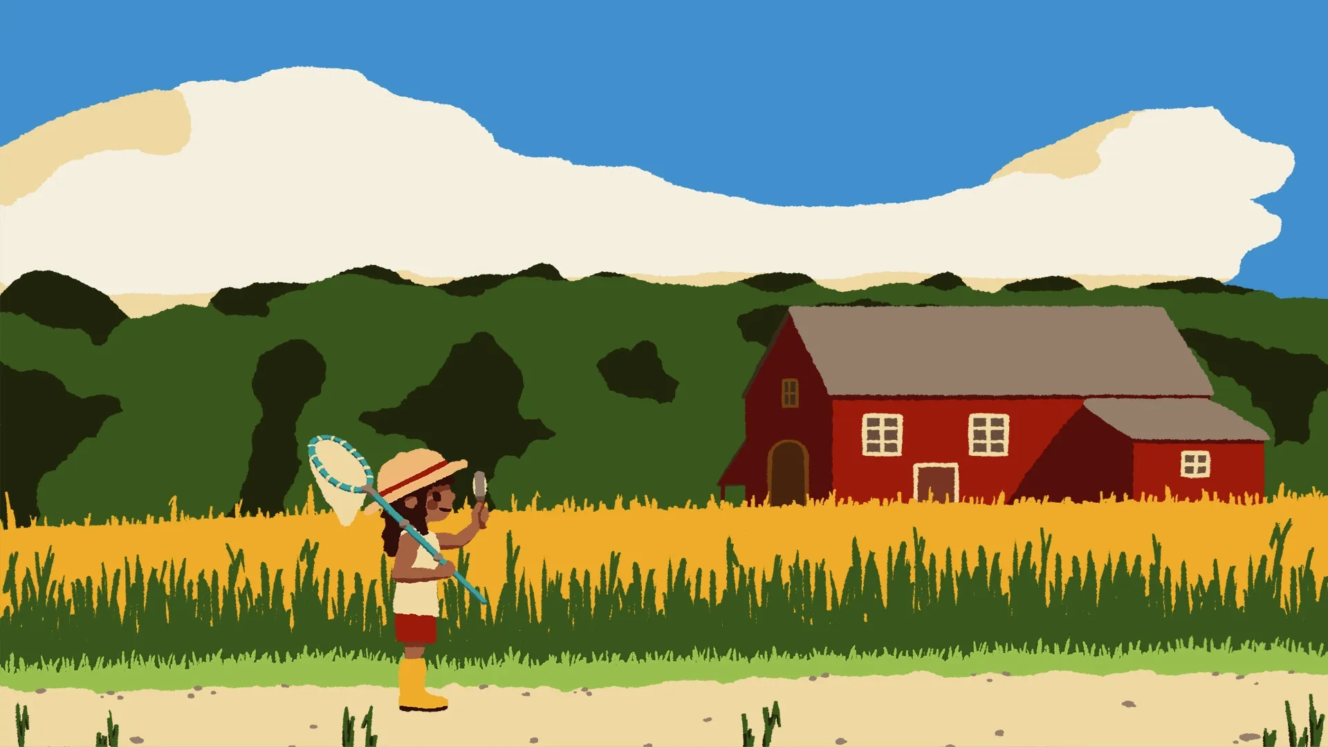 Kabuto Park: Character with net exploring a wheat field near a red barn under a clear blue sky.