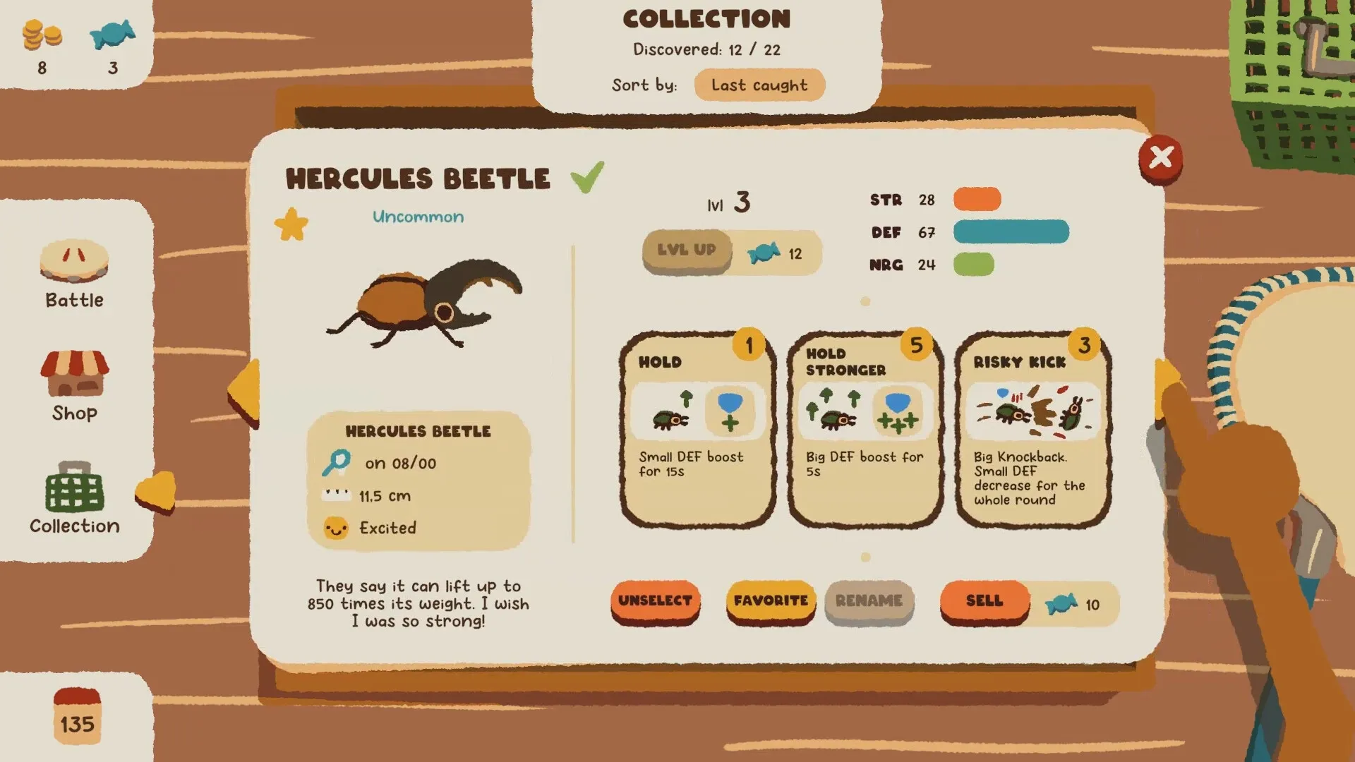 Kabuto Park: Hercules Beetle stats and abilities displayed in collection menu with level-up option