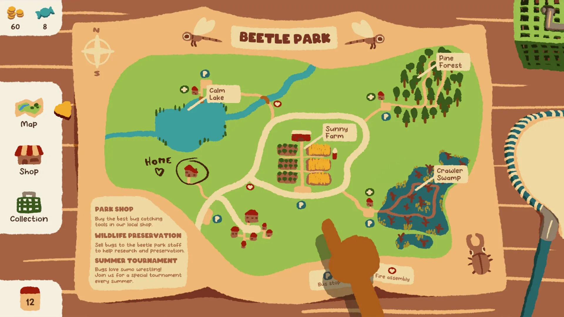 Kabuto Park: Player hand points at map with locations like Calm Lake and Sunny Farm, UI menu on left