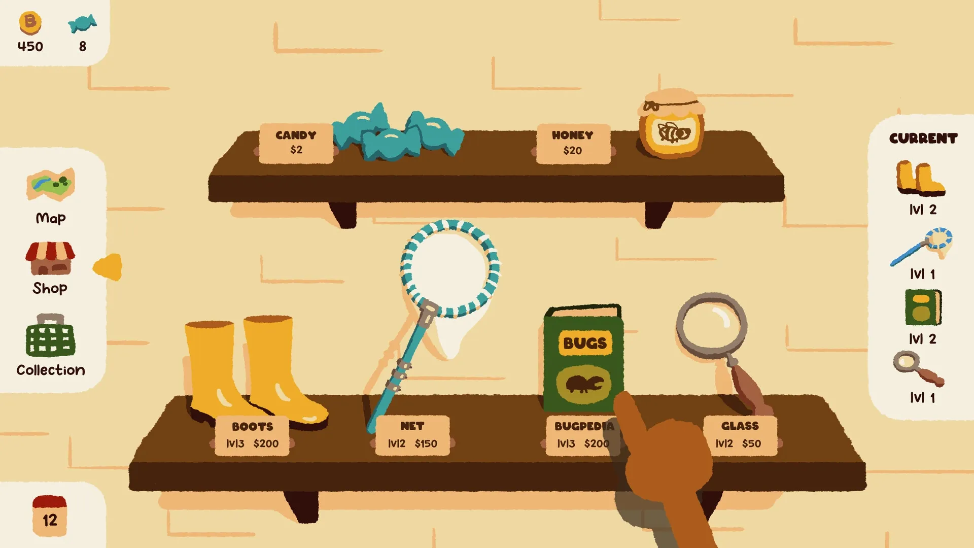Kabuto Park: Shop interface with candy, honey, boots, net, bugpedia, and magnifying glass for sale.