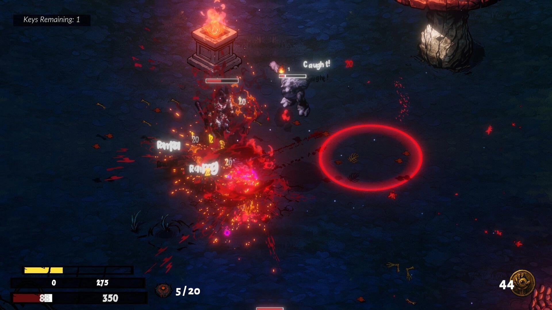 KACAU: Intense battle with enemies near a fiery altar, health bar and keys counter on screen.