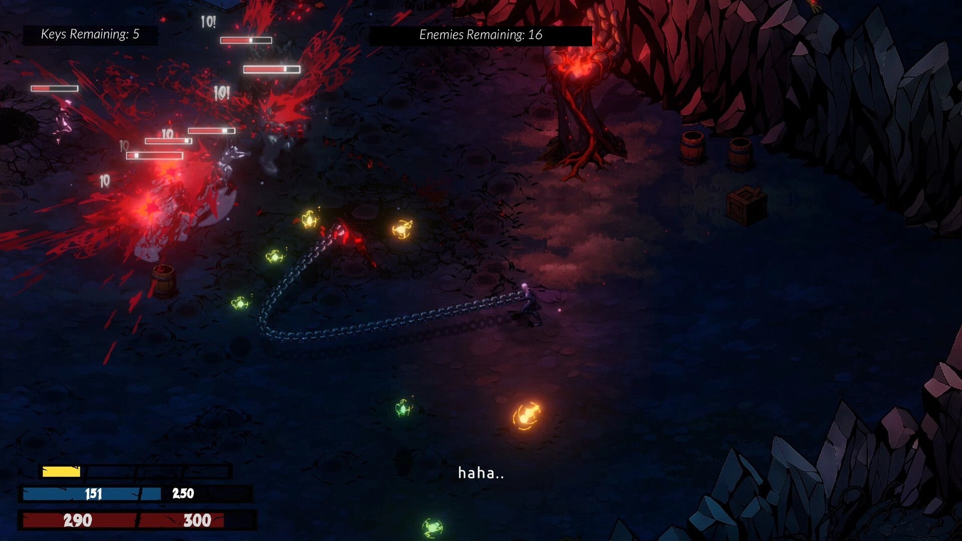 KACAU: Character using chains in dark forest with red blood effects, enemies and resources highlighted.
